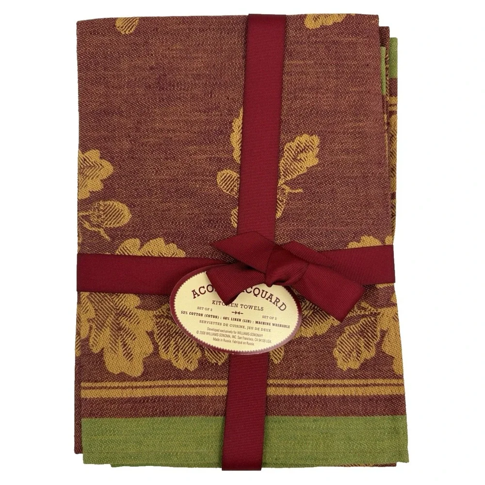 Williams Sonoma Acorn Jacquard Kitchen Towels Cotton & Linen Set of 2 NEW